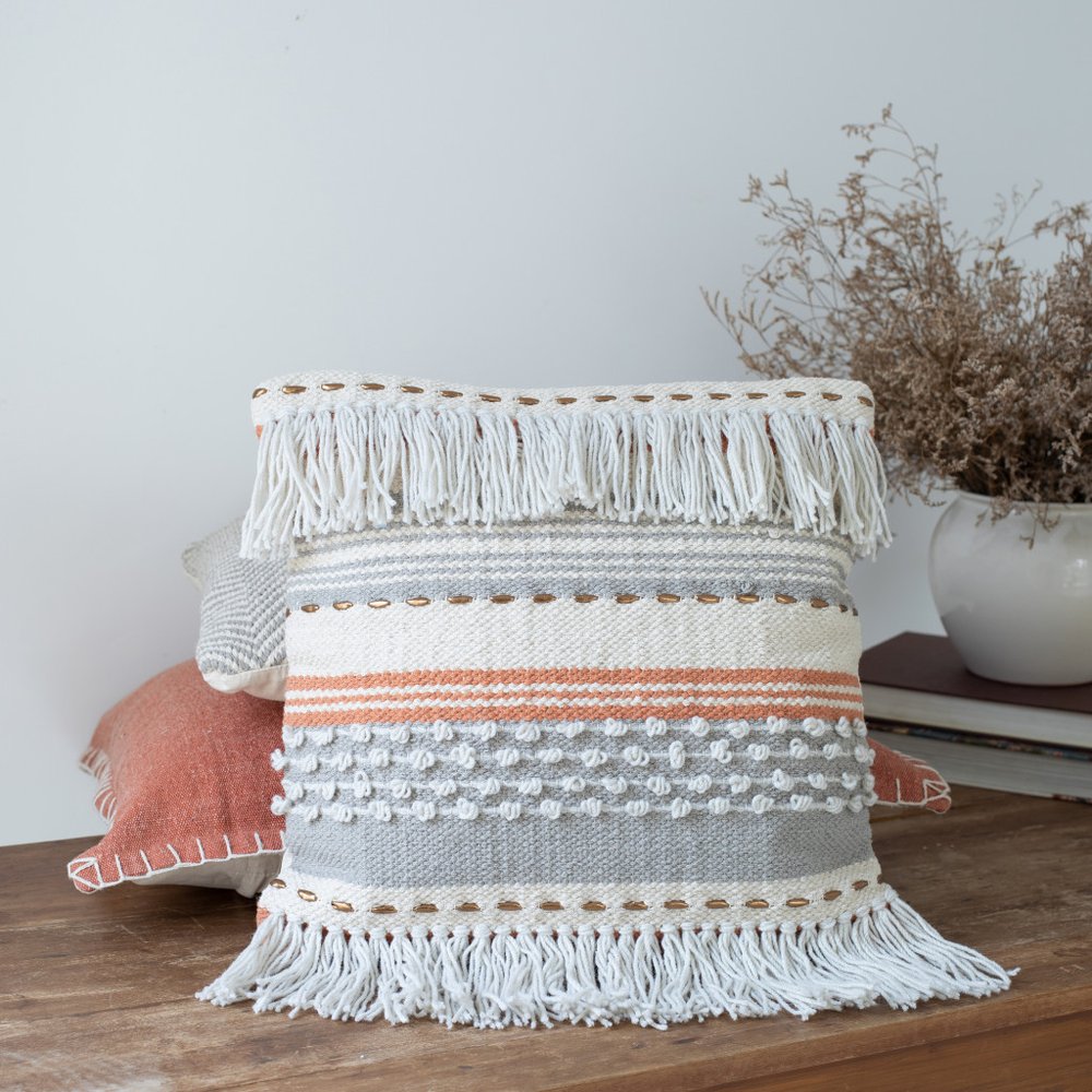 18" Beige And Orange Striped Cotton Throw Pillow Cover
