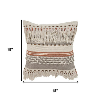 18" Beige Gray And Orange Striped Cotton Throw Pillow Cover with Fringe And Texture