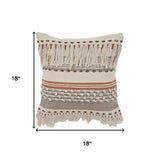 18" Beige Gray And Orange Striped Cotton Throw Pillow Cover with Fringe And Texture