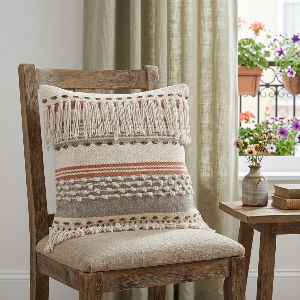18" Beige Gray And Orange Striped Cotton Throw Pillow Cover with Fringe And Texture