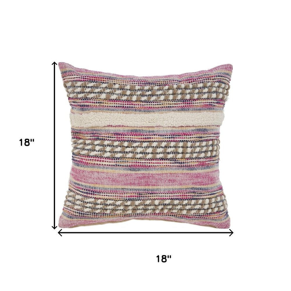 18" Pink And Ivory Striped Cotton Blend Throw Pillow Cover