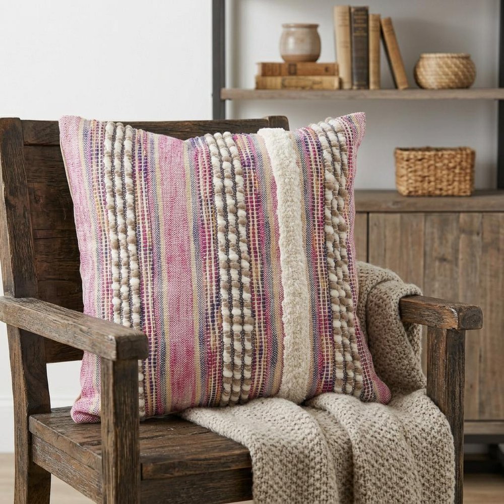 18" Pink And Ivory Striped Cotton Blend Throw Pillow Cover with Texture