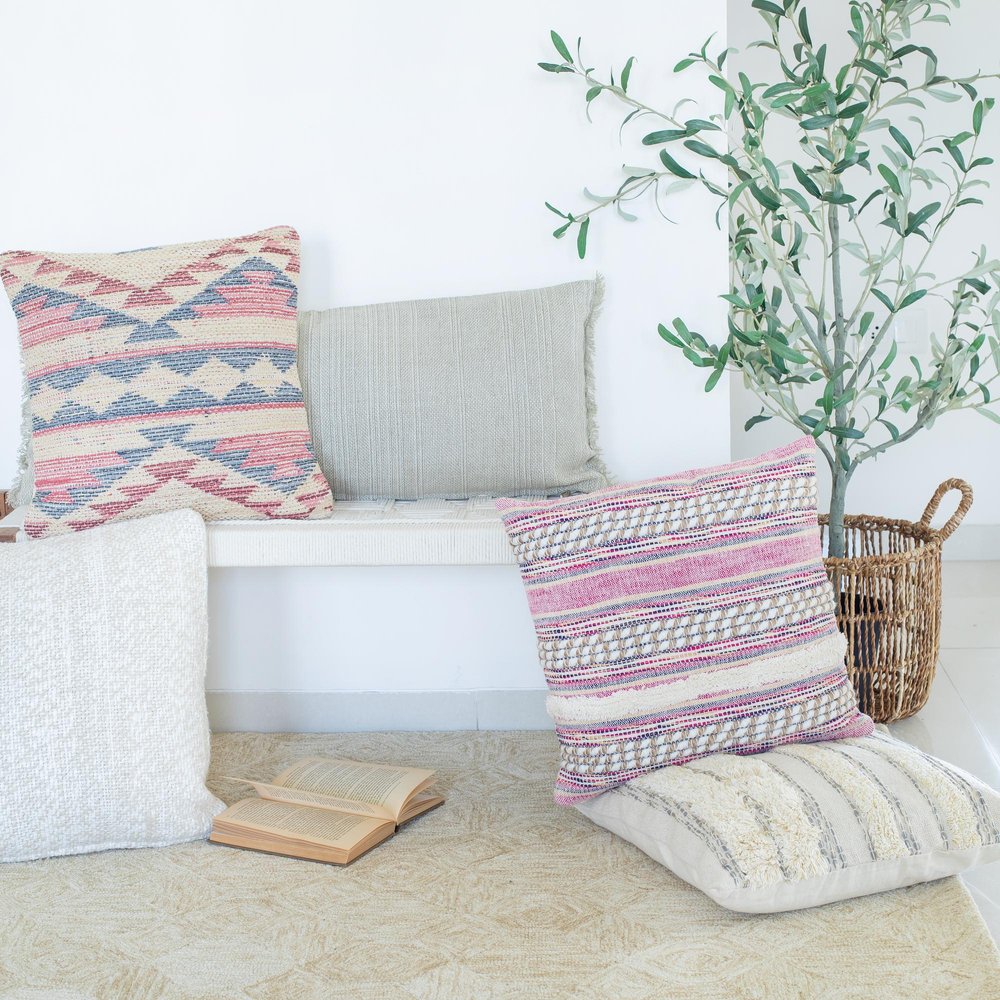 18" Pink And Ivory Striped Cotton Blend Throw Pillow Cover with Texture
