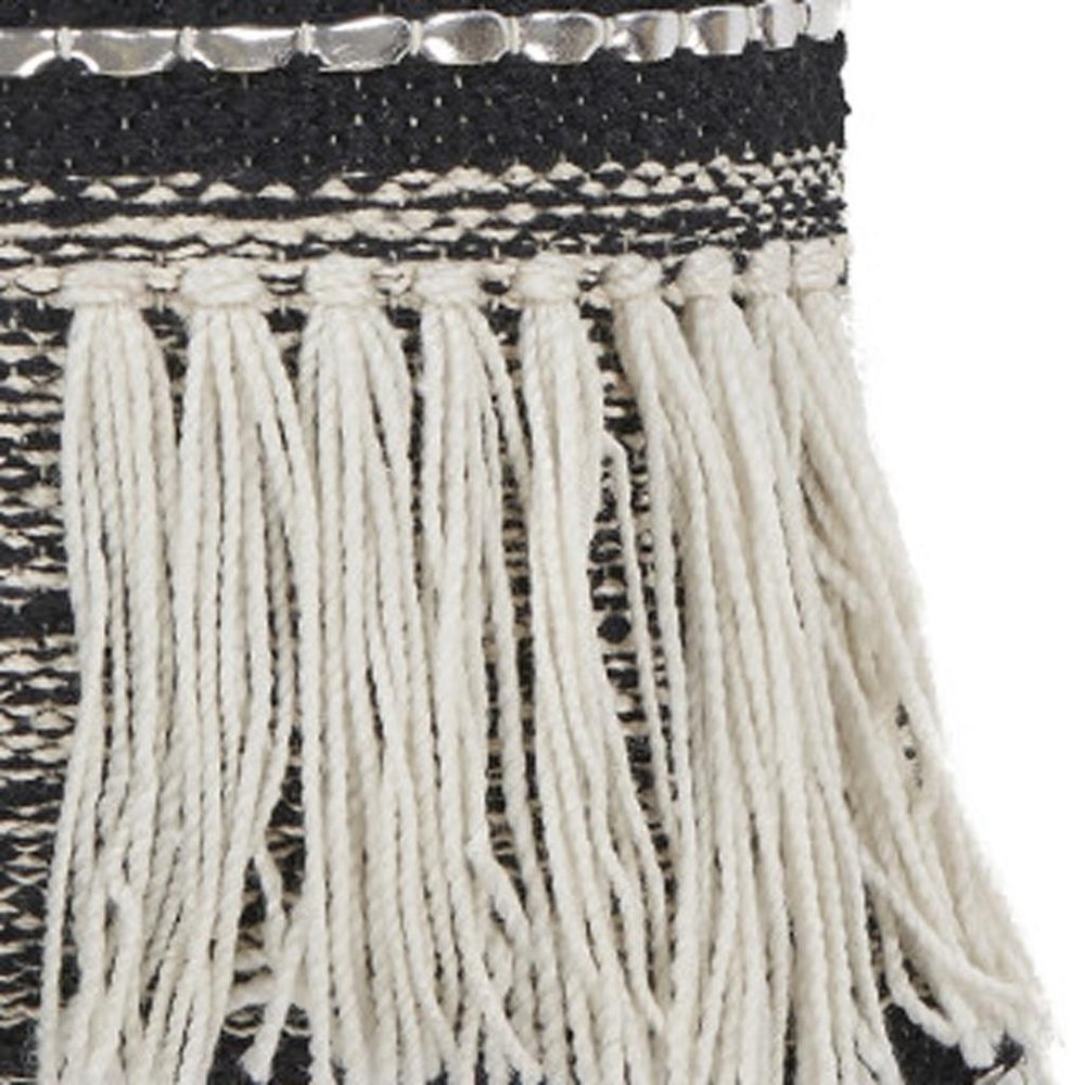 18" Black And White Striped Cotton Throw Pillow Cover with Fringe And Texture