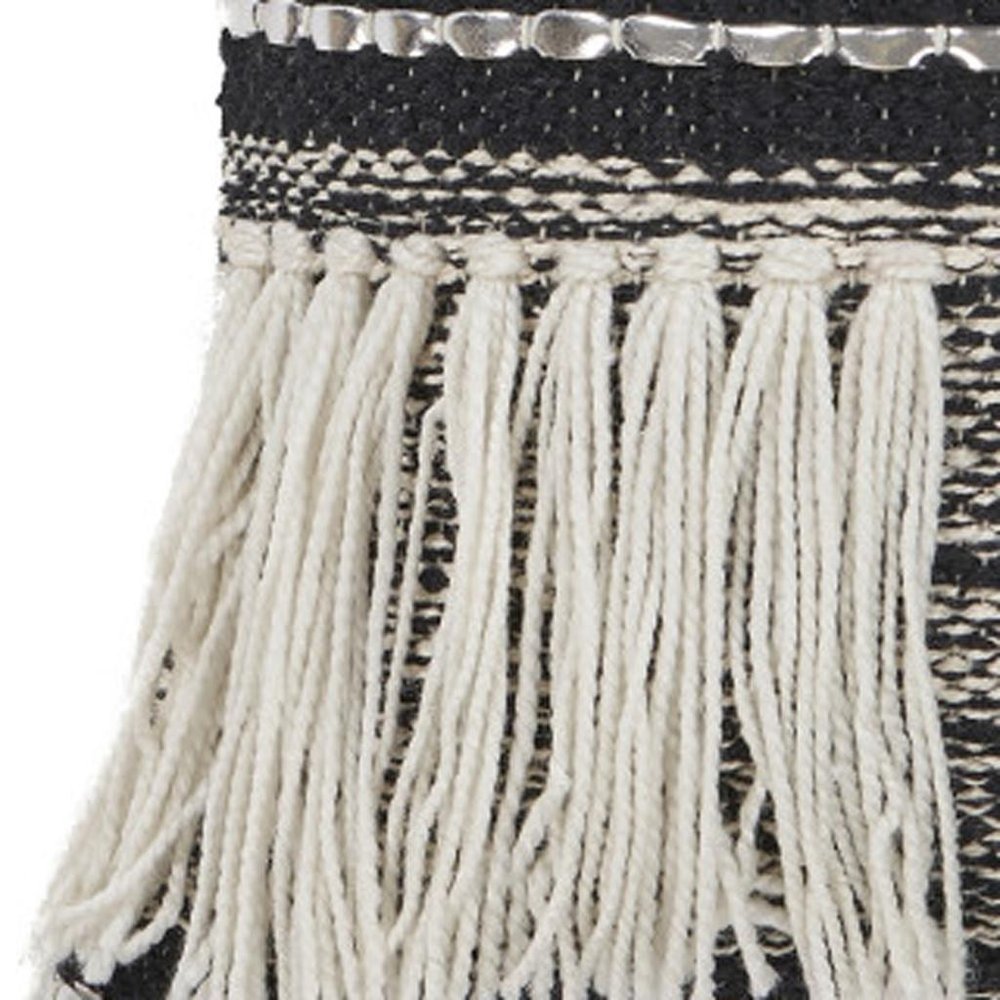 18" Black And White Striped Cotton Throw Pillow Cover with Fringe And Texture