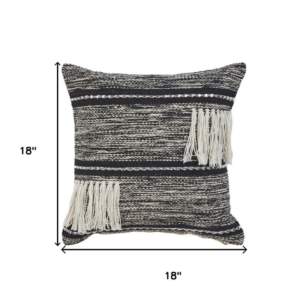 18" Black And White Striped Cotton Throw Pillow Cover with Fringe And Texture