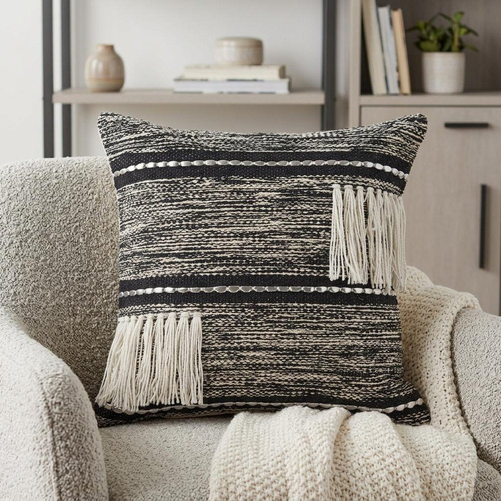 18" Black And White Striped Cotton Throw Pillow Cover with Fringe And Texture
