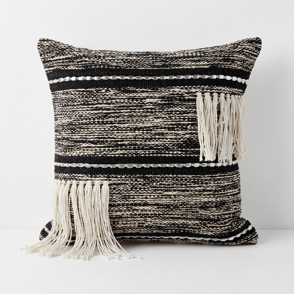 18" Black And White Striped Cotton Throw Pillow Cover with Fringe And Texture
