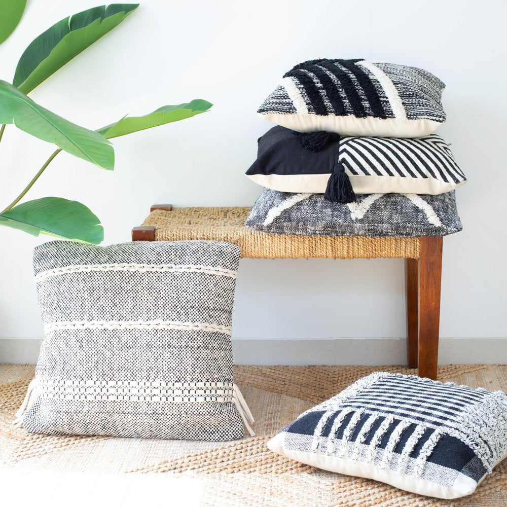 18" Black And Ivory Chevron Cotton Throw Pillow Cover