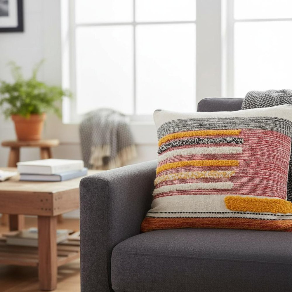 18" Orange And Yellow Striped Cotton Throw Pillow Cover