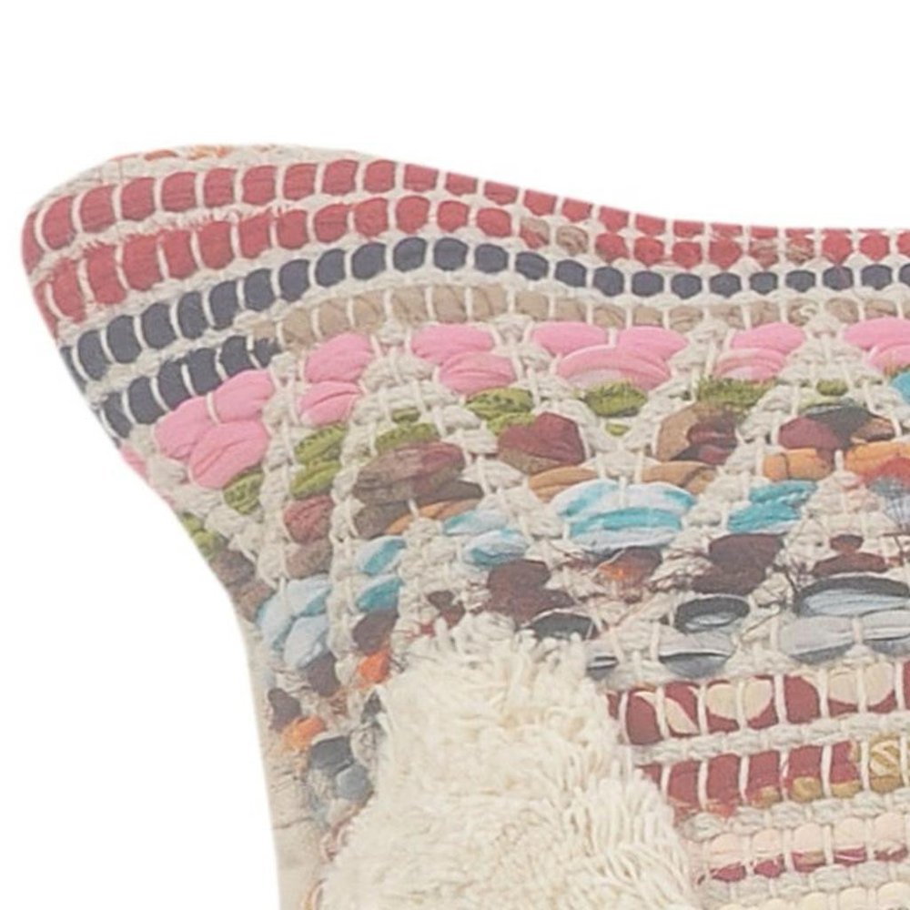 14" X 36" Natural Blue And Red Lumbar Geometric Cotton Throw Pillow Cover with Tufts