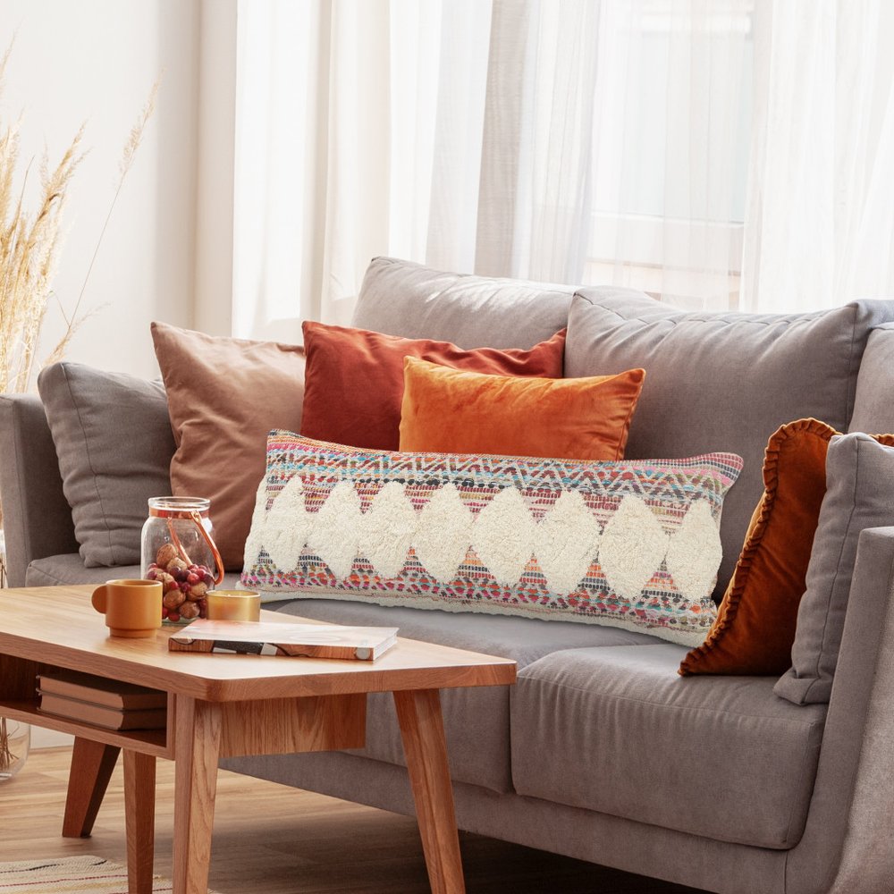 14" X 36" Cream Brown And White Lumbar Diamond Cotton Throw Pillow Cover