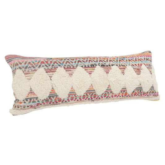 14" X 36" Natural Blue And Red Lumbar Geometric Cotton Throw Pillow Cover with Tufts