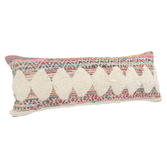 14" X 36" Natural Blue And Red Lumbar Geometric Cotton Throw Pillow Cover with Tufts