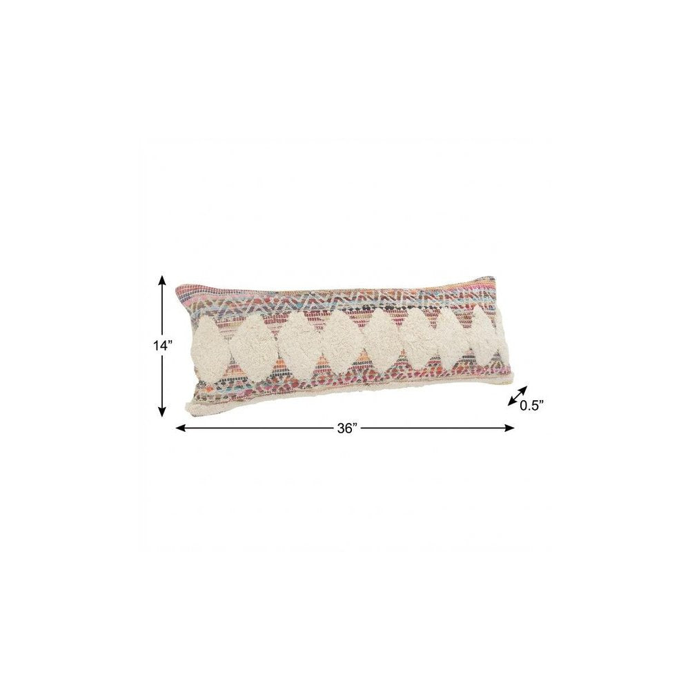 14" X 36" Natural Blue And Red Lumbar Geometric Cotton Throw Pillow Cover with Tufts
