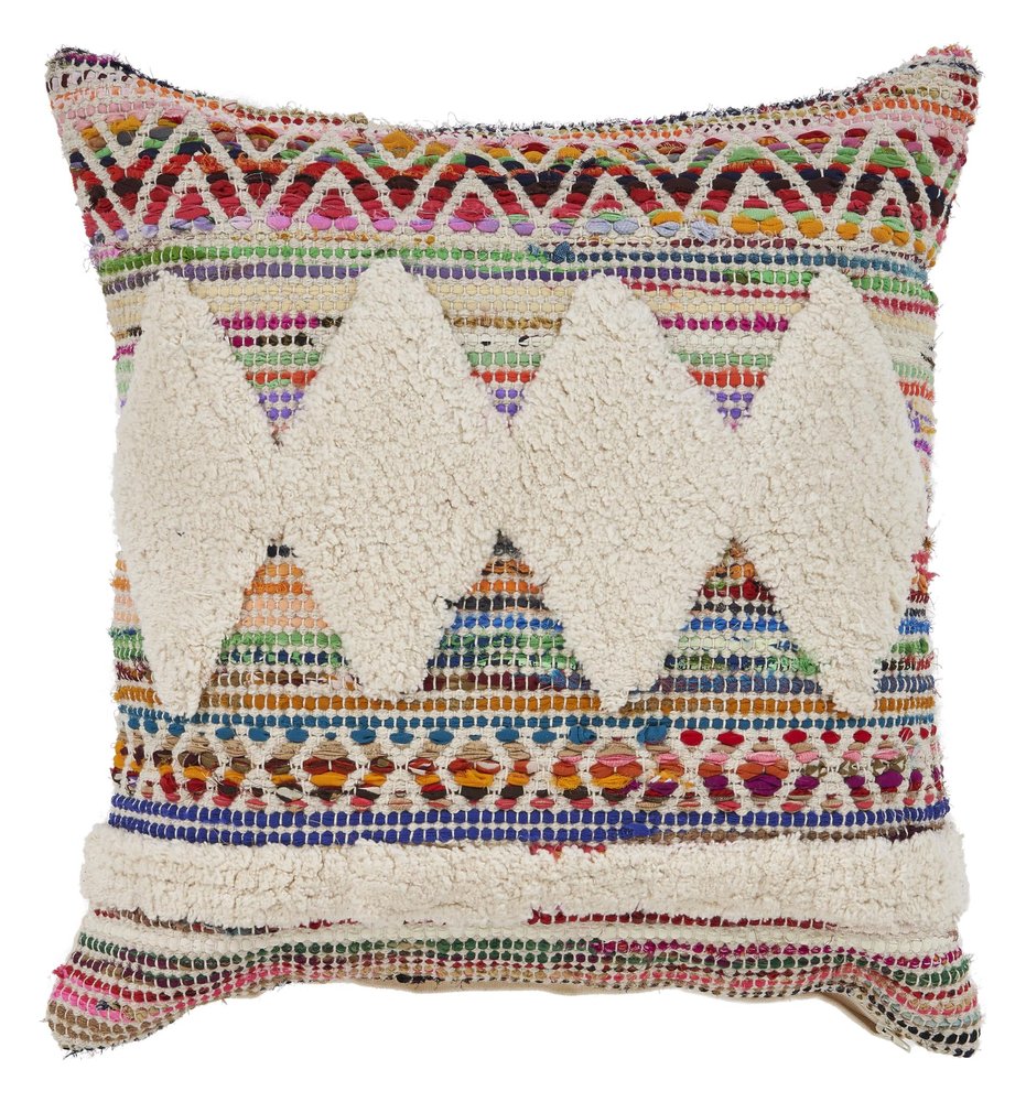 18" Cream Blue White And Yellow Diamond Cotton Throw Pillow Cover with Tufts