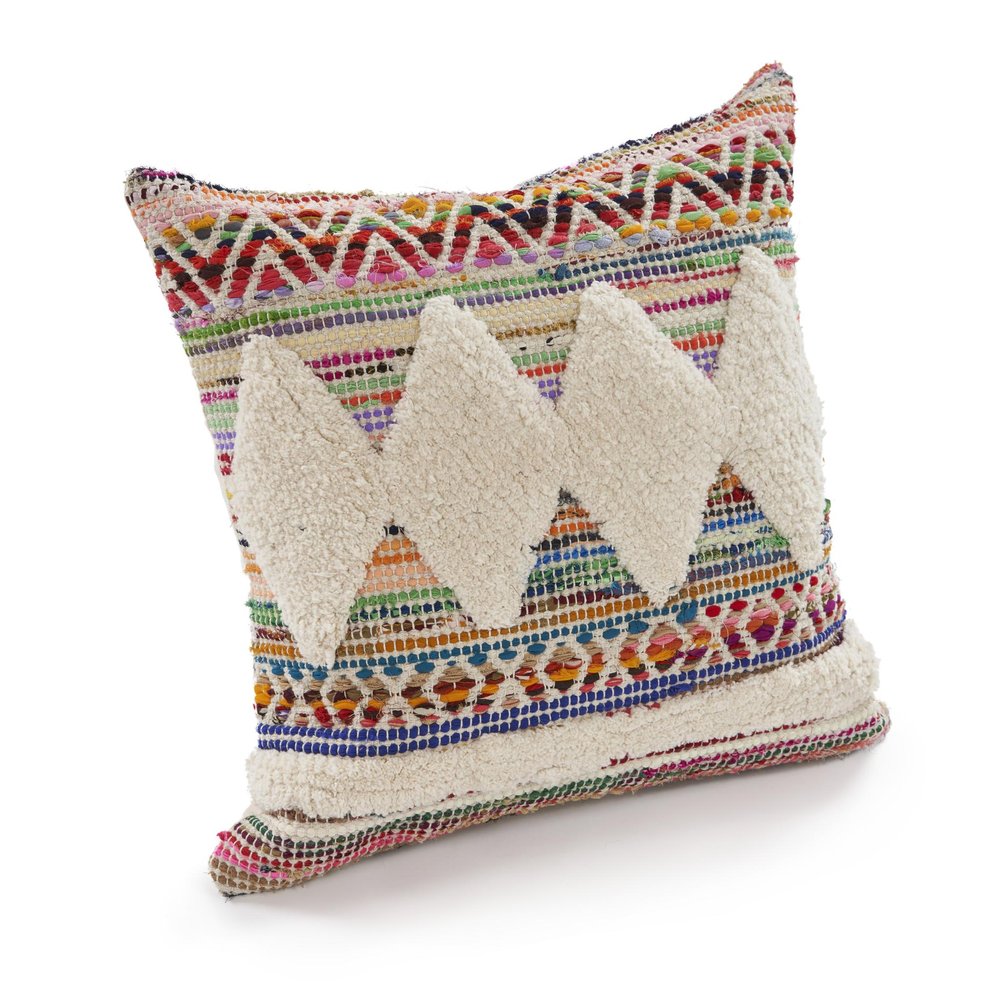 18" Cream Blue White And Yellow Diamond Cotton Throw Pillow Cover with Tufts