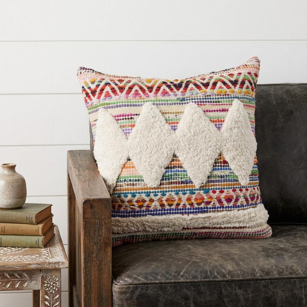 18" Cream Blue White And Yellow Diamond Cotton Throw Pillow Cover with Tufts