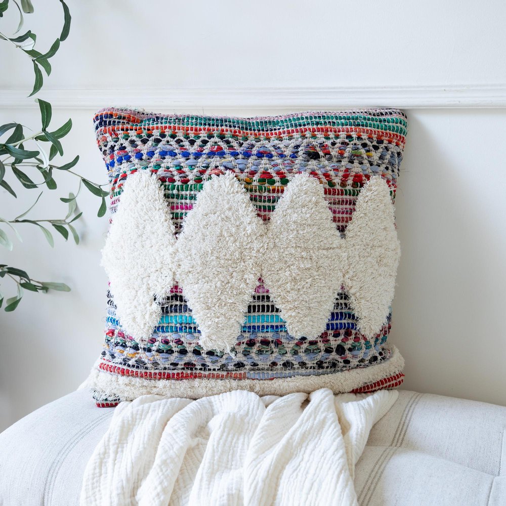 18" Cream Blue White And Yellow Diamond Cotton Throw Pillow Cover with Tufts