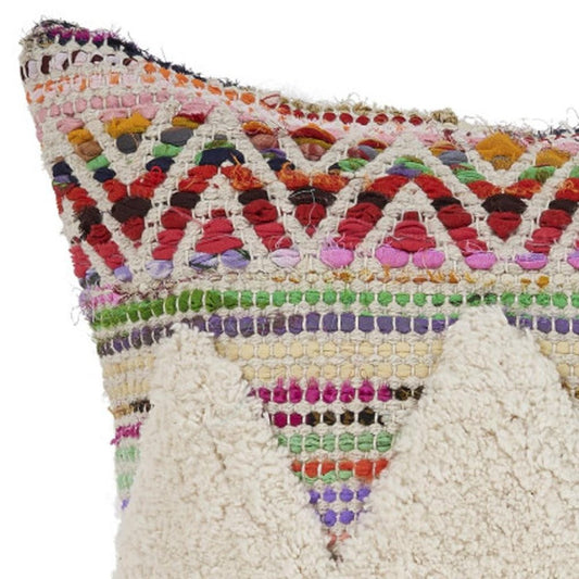 18" Cream Blue White And Yellow Diamond Cotton Throw Pillow Cover with Tufts