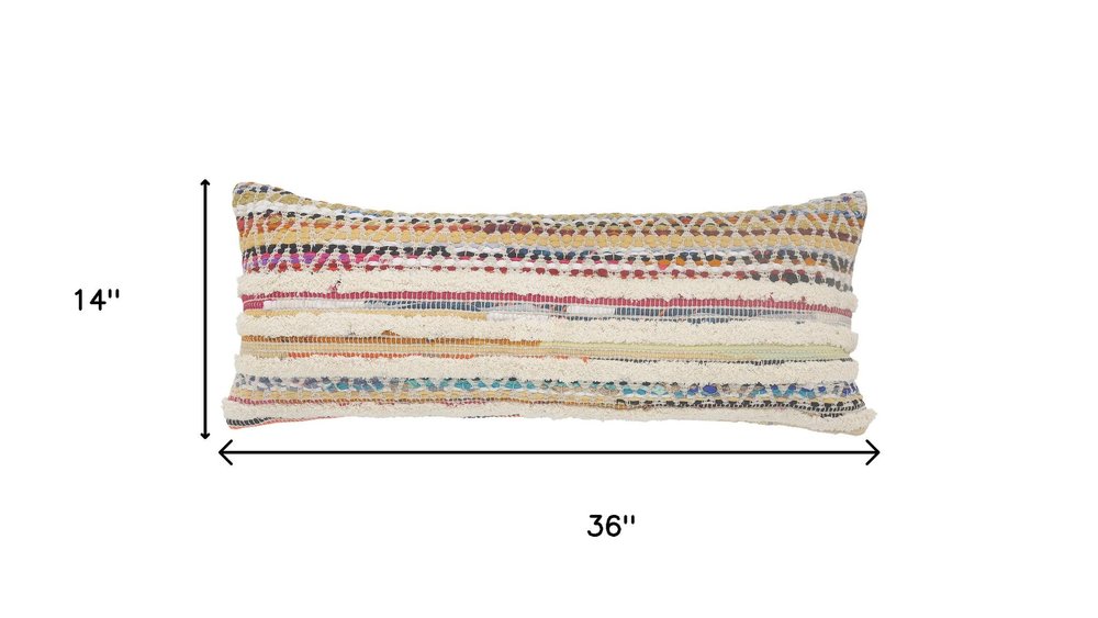 14" X 36" Cream Yellow And Pink Lumbar Striped Cotton Throw Pillow Cover