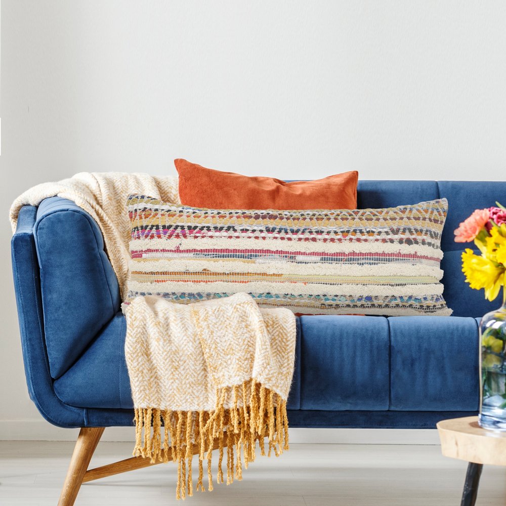 14" X 36" Cream Yellow And Pink Lumbar Striped Cotton Throw Pillow Cover