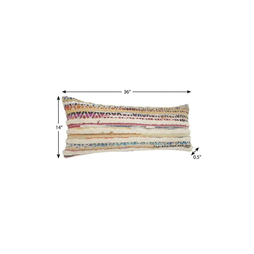 14" X 36" Cream Yellow And Pink Lumbar Striped Cotton Throw Pillow Cover with Texture