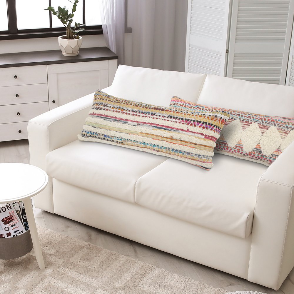 14" X 36" Cream Yellow And Pink Lumbar Striped Cotton Throw Pillow Cover