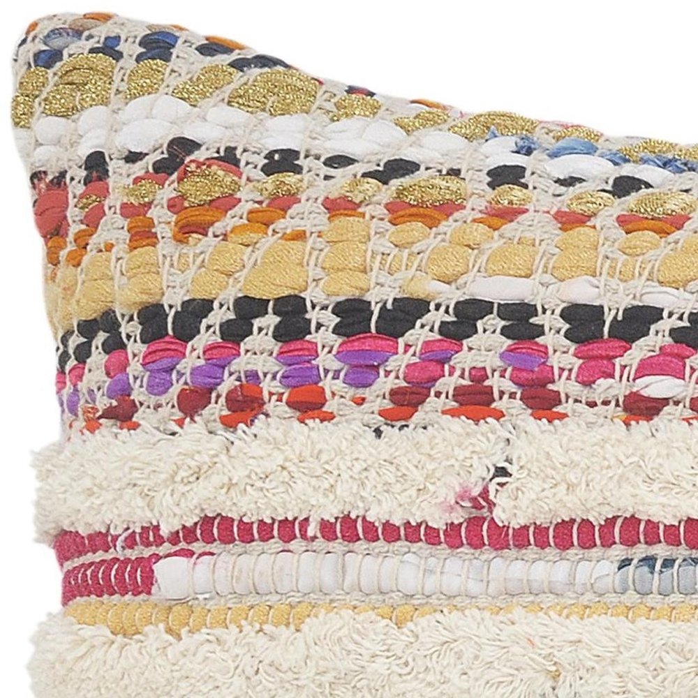 14" X 36" Cream Yellow And Pink Lumbar Striped Cotton Throw Pillow Cover