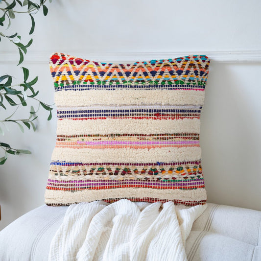 18" Cream Blue White And Yellow Striped Cotton Throw Pillow Cover with Tufts