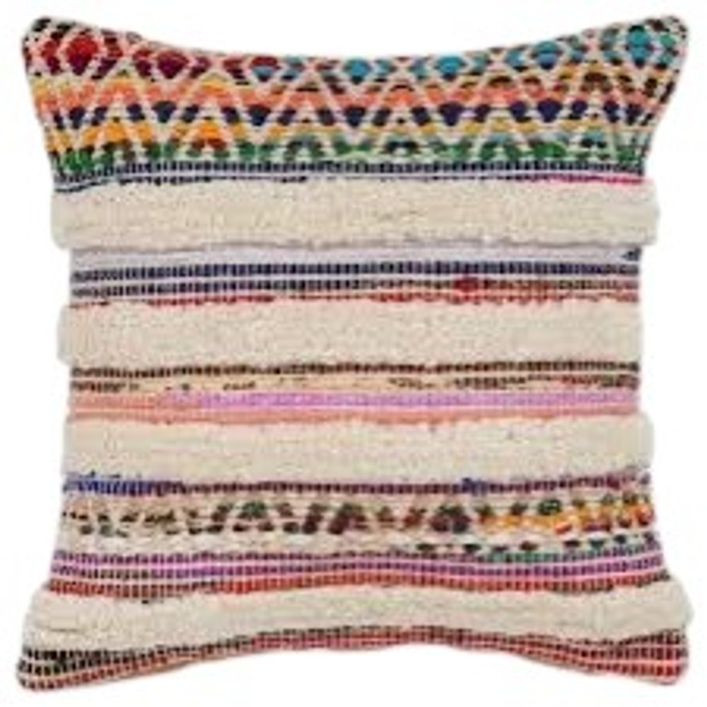 18" Cream Blue White And Yellow Striped Cotton Throw Pillow Cover with Tufts