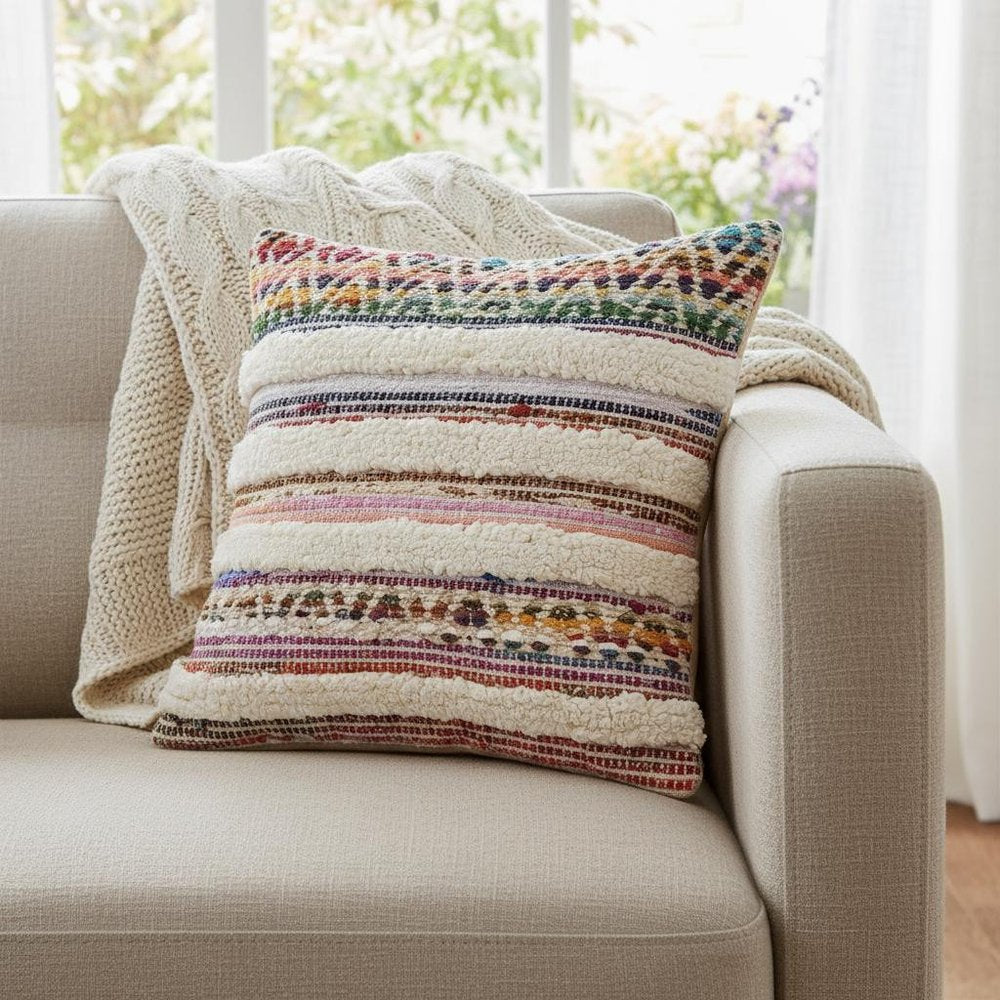 18" Cream Blue White And Yellow Striped Cotton Throw Pillow Cover with Tufts