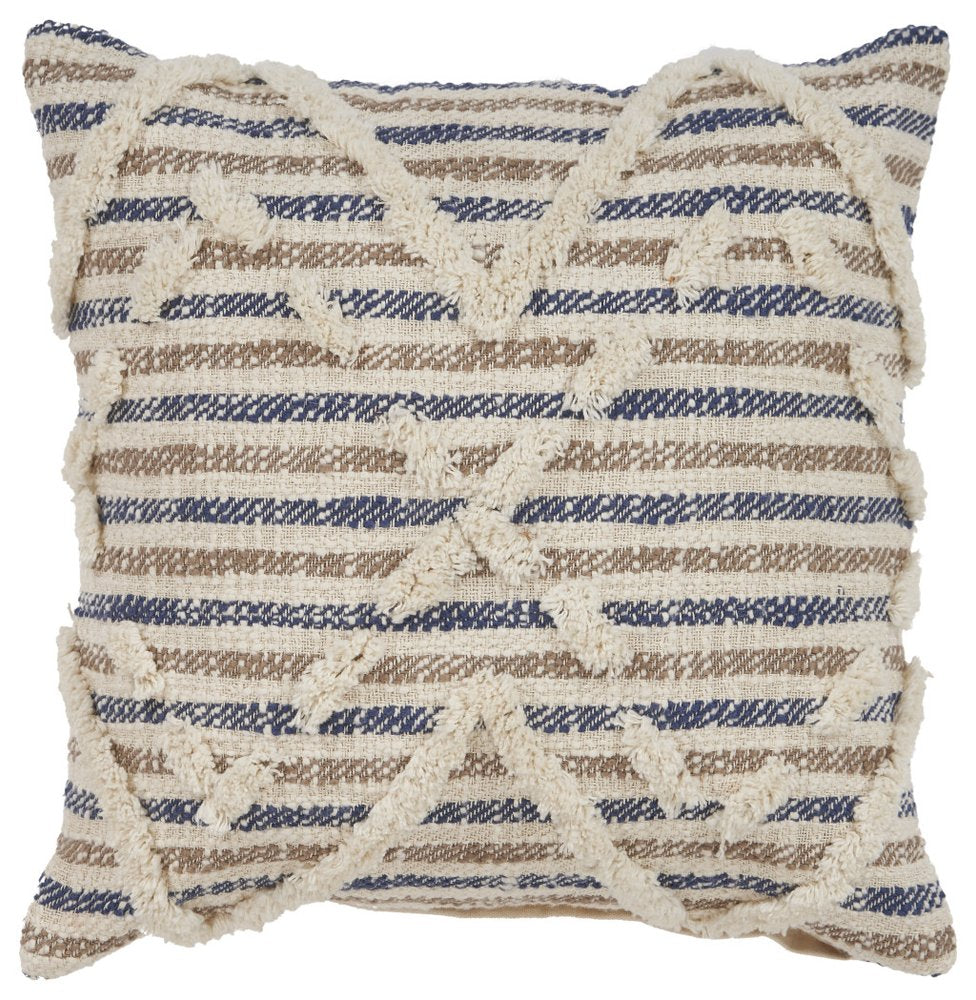 18" Blue And Tan Beach Diamond Cotton Throw Pillow Cover with Tufts