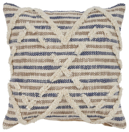 18" Blue And Tan Beach Diamond Cotton Throw Pillow Cover with Tufts