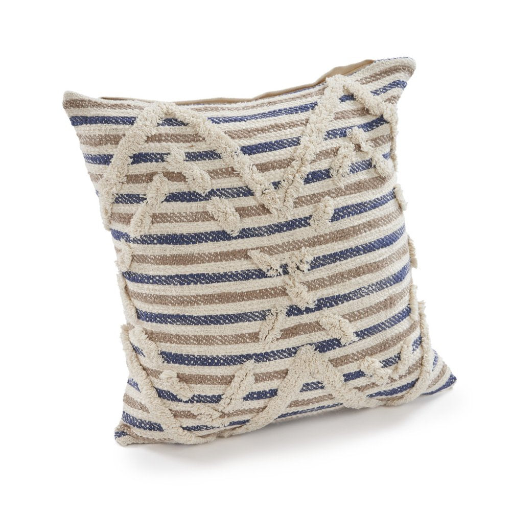18" Blue And Tan Beach Diamond Cotton Throw Pillow Cover with Tufts