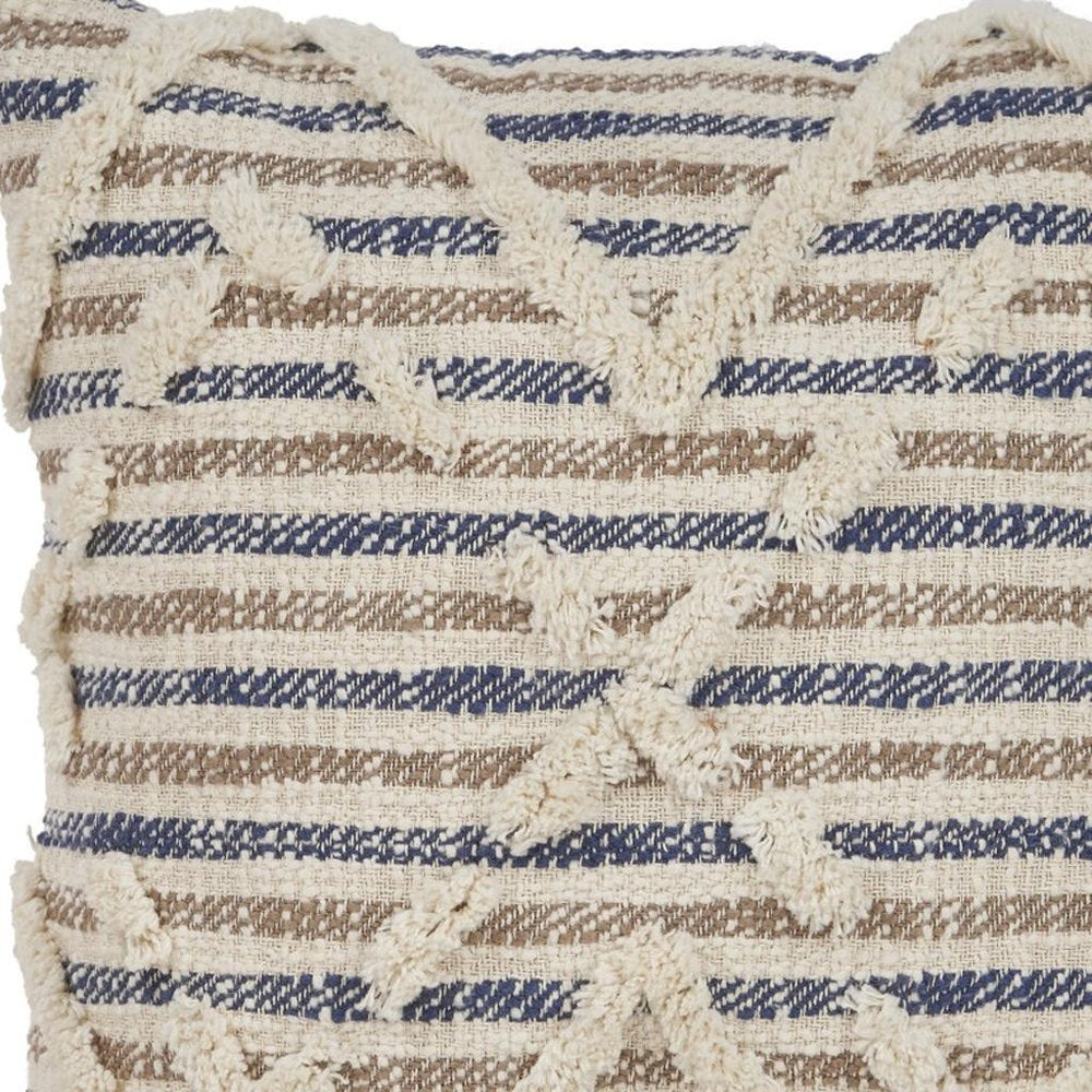 18" Blue And Tan Beach Diamond Cotton Throw Pillow Cover with Tufts