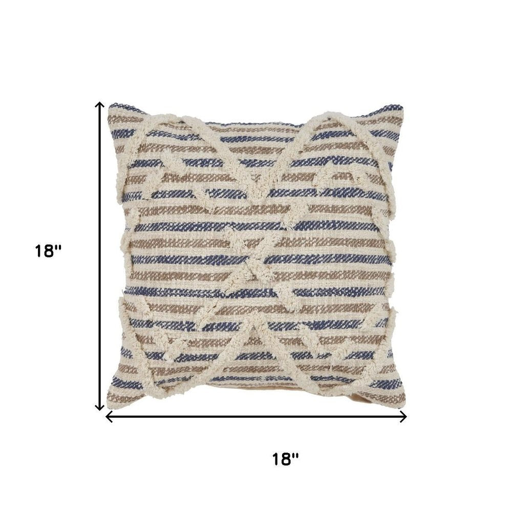 18" Blue And Tan Beach Diamond Cotton Throw Pillow Cover with Tufts