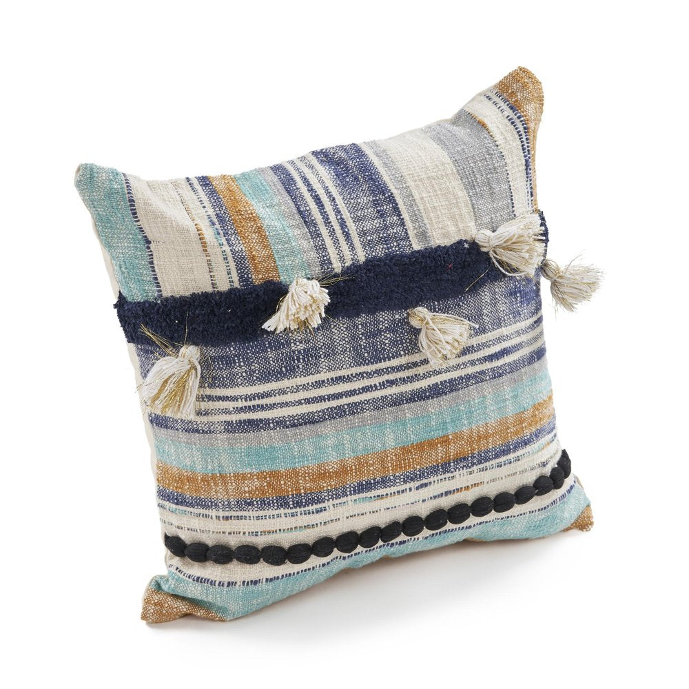 18" Blue And Tan Beach Striped Cotton Throw Pillow Cover with Tassels Tufts And Texture