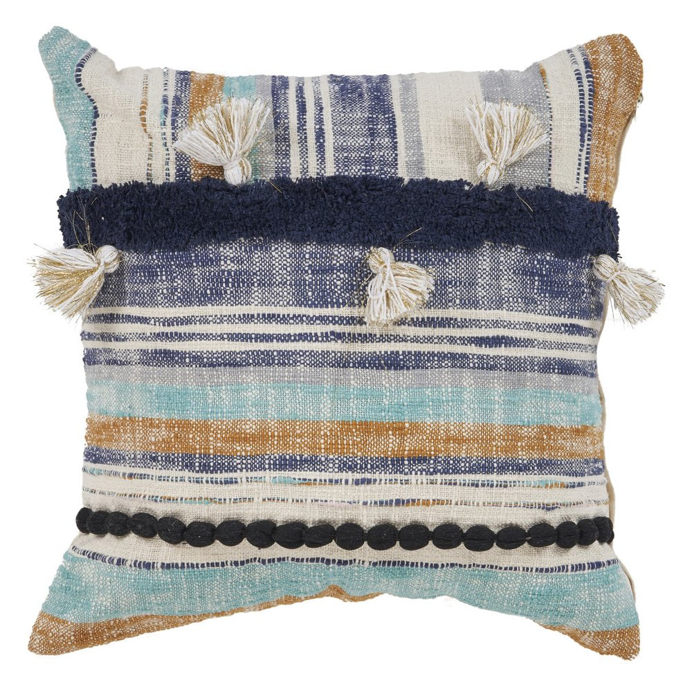 18" Blue And Tan Beach Striped Cotton Throw Pillow Cover