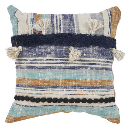 18" Blue And Tan Beach Striped Cotton Throw Pillow Cover