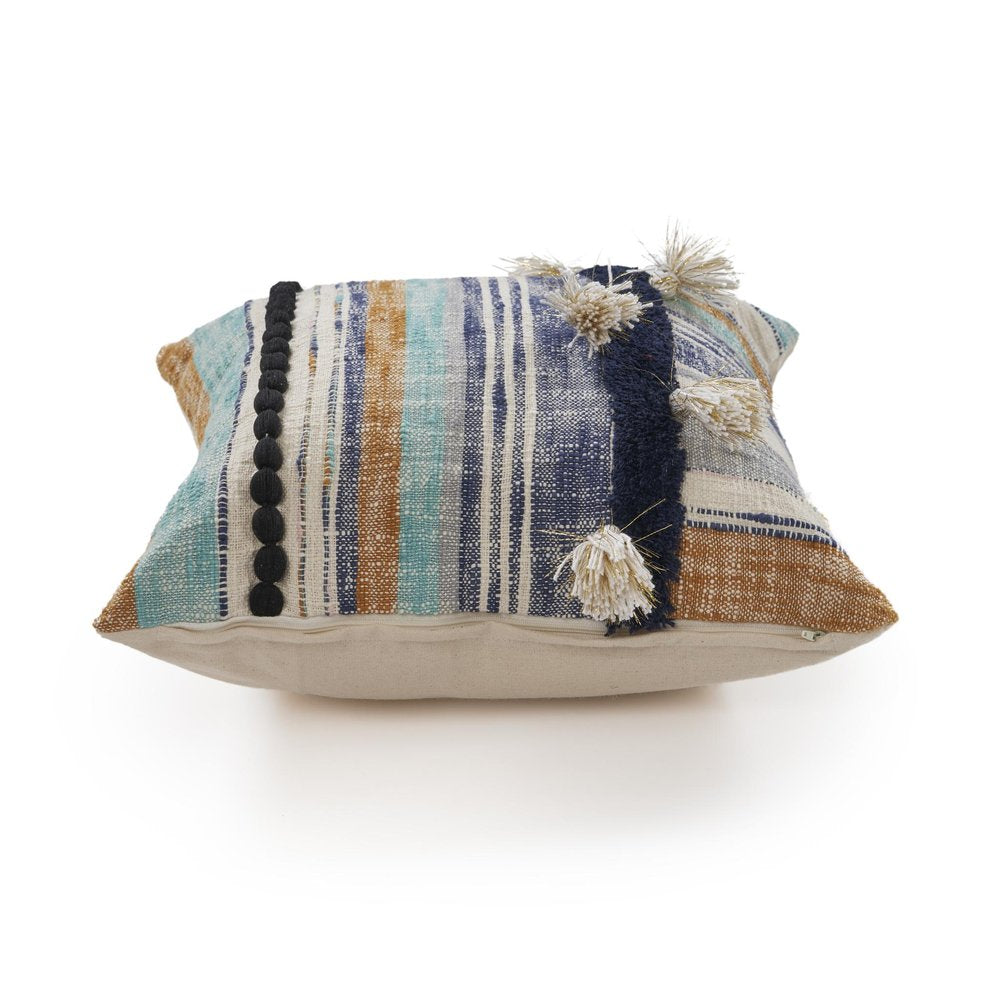 18" Blue And Tan Beach Striped Cotton Throw Pillow Cover with Tassels Tufts And Texture