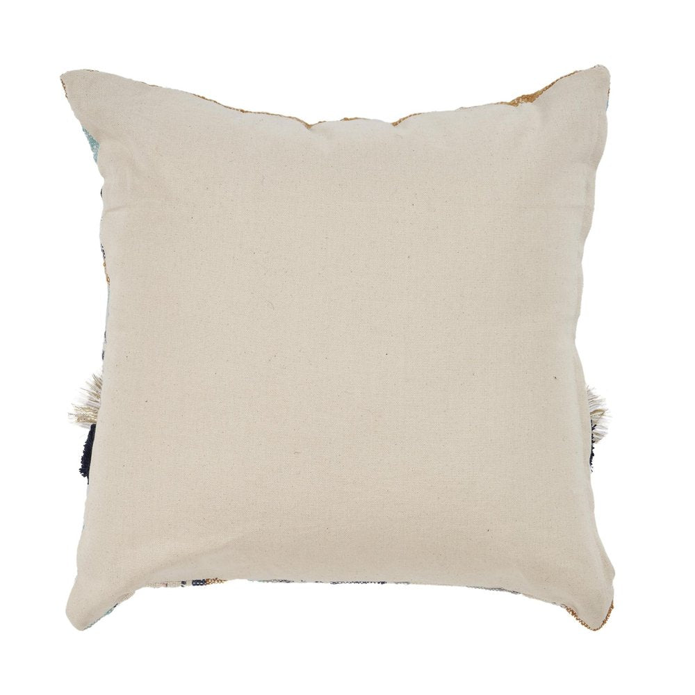 18" Blue And Tan Beach Striped Cotton Throw Pillow Cover with Tassels Tufts And Texture
