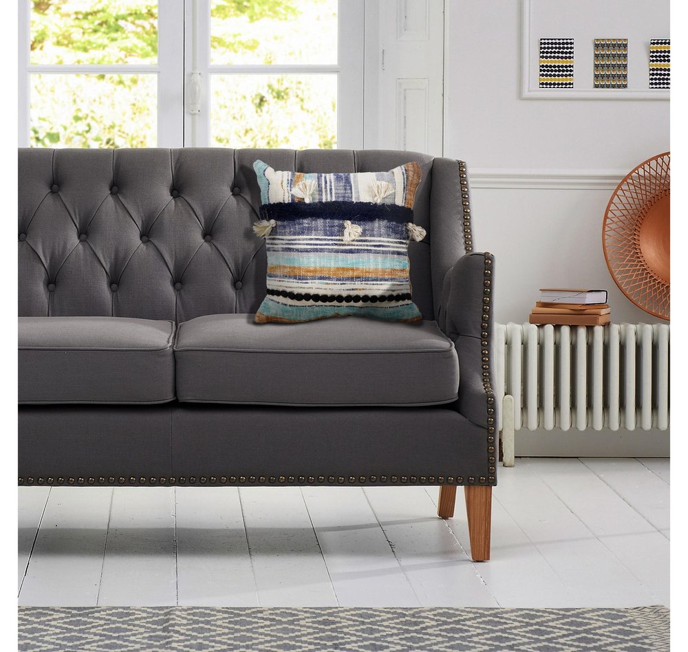 18" Blue And Tan Beach Striped Cotton Throw Pillow Cover with Tassels Tufts And Texture
