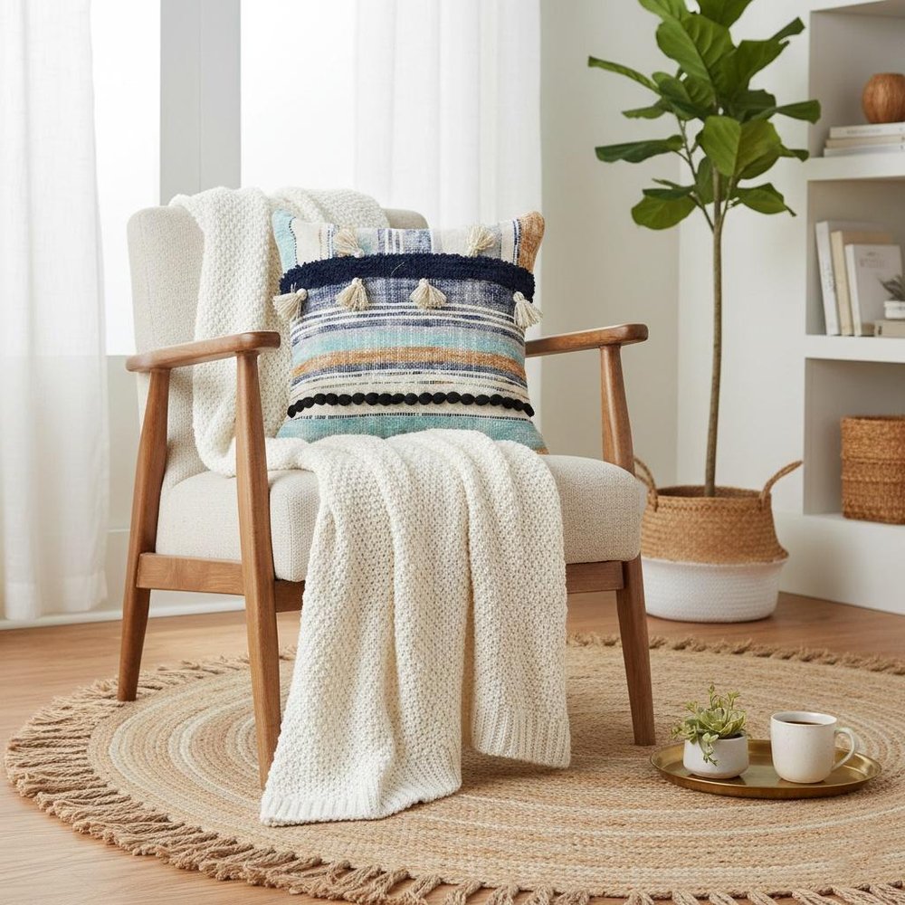 18" Blue And Tan Beach Striped Cotton Throw Pillow Cover with Tassels Tufts And Texture
