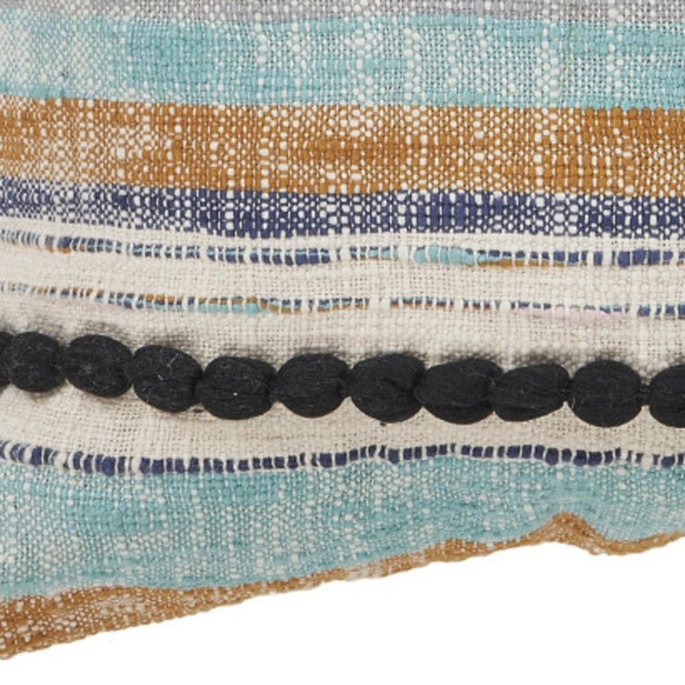 18" Blue And Tan Beach Striped Cotton Throw Pillow Cover with Tassels Tufts And Texture