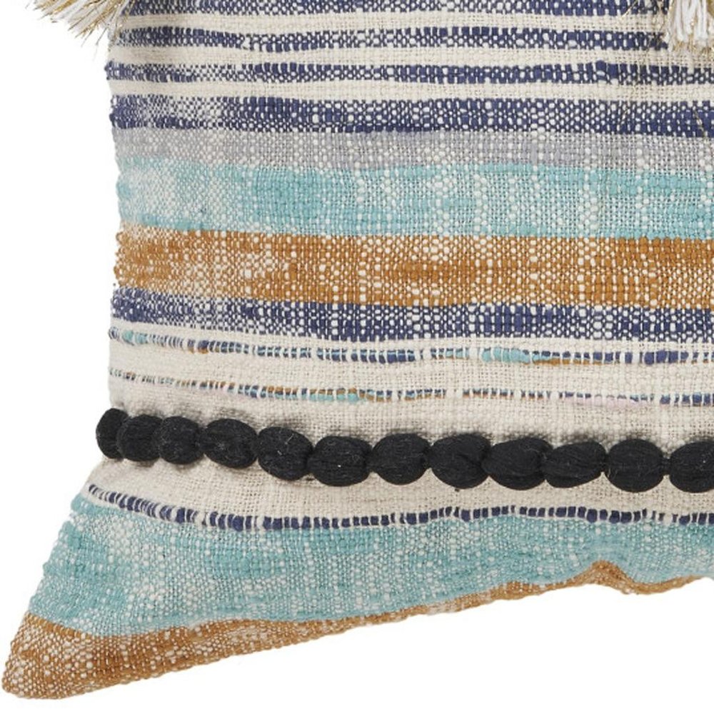 18" Blue And Tan Beach Striped Cotton Throw Pillow Cover with Tassels Tufts And Texture