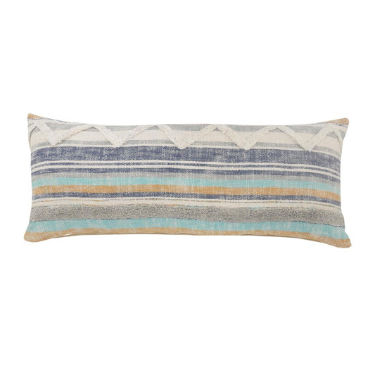 14" X 36" Blue And Tan Beach Striped Cotton Lumbar Throw Pillow Cover With Texture