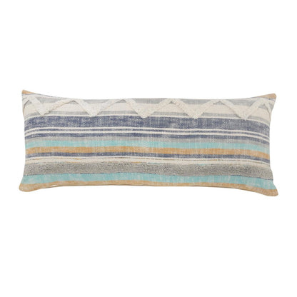 14" X 36" Blue And Tan Lumbar Beach Striped Cotton Throw Pillow Cover with Tufts And Texture
