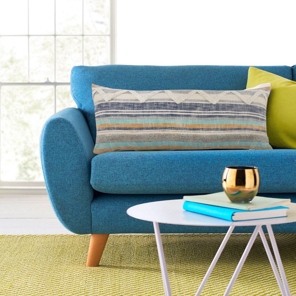 14" X 36" Blue And Tan Lumbar Beach Striped Cotton Throw Pillow Cover