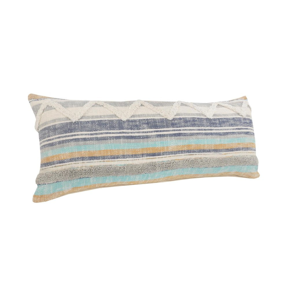 14" X 36" Blue And Tan Lumbar Beach Striped Cotton Throw Pillow Cover with Tufts And Texture